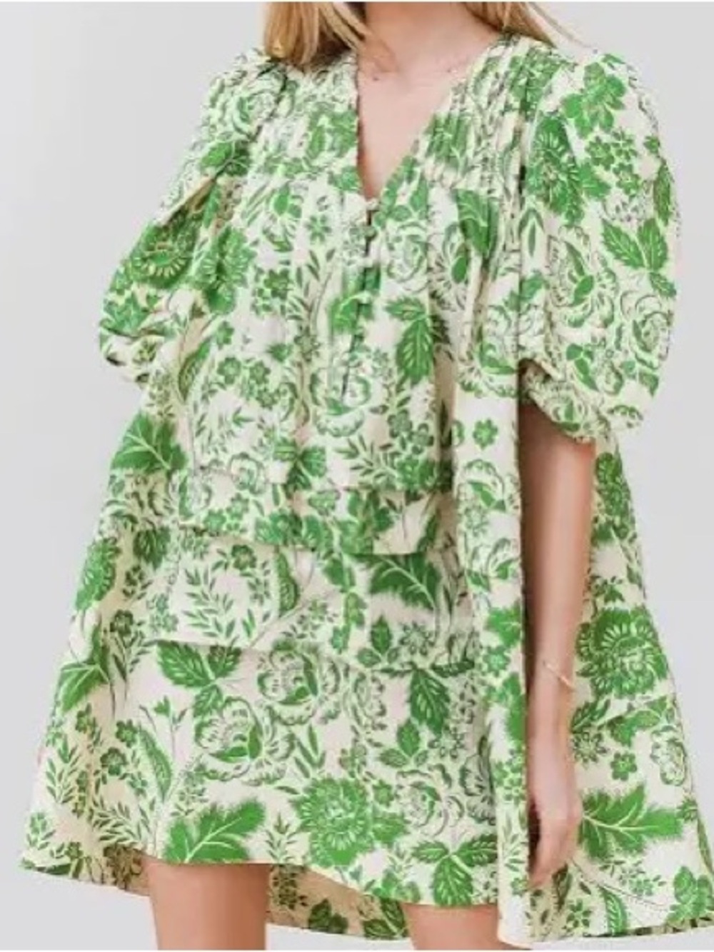 Hunter Bell XS Green Floral Puff-Sleeve Mini Dress